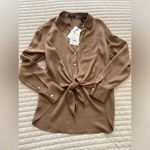 Silk button down blouse with tie detail. NWT